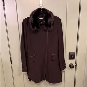 White House Black Market Black Trench Coat with Faux Fur Collar